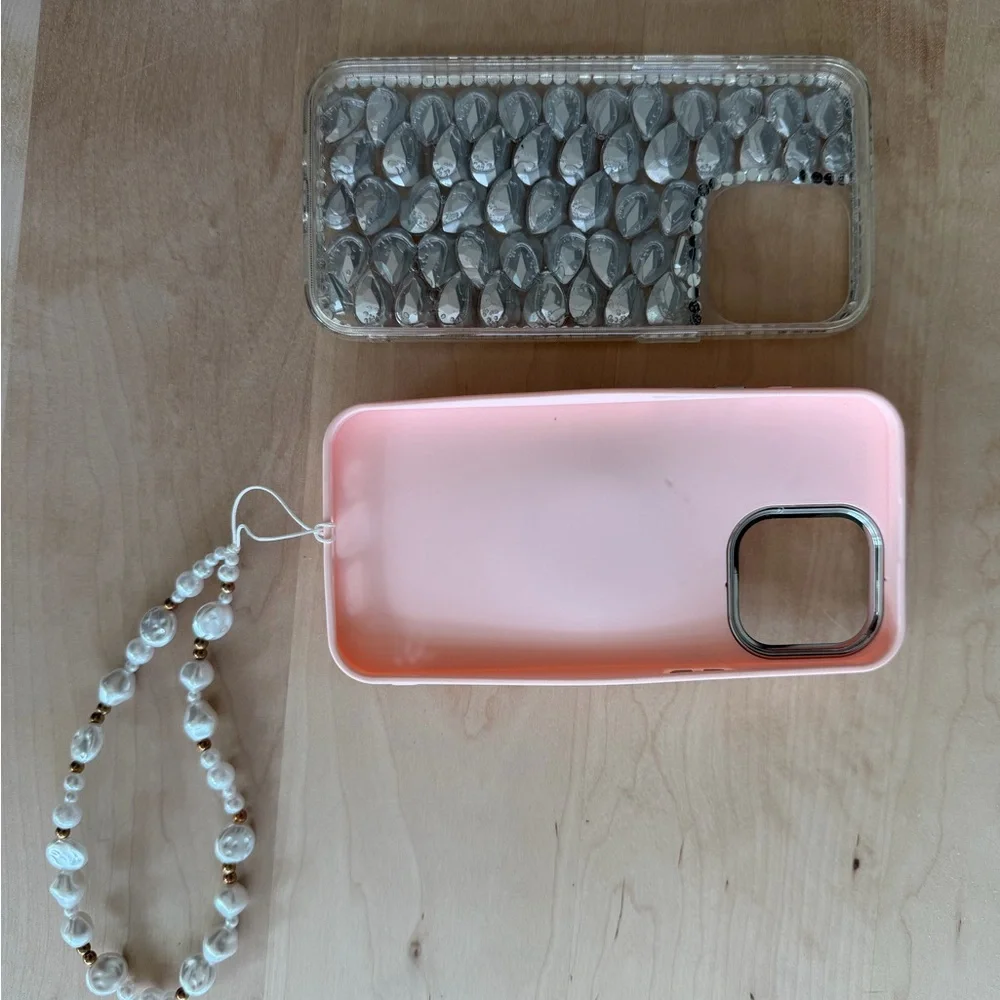 iPhone 15 pro max Pink and Silver Phone Case with Heart Design